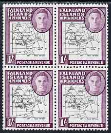 Falkland Islands Dependencies 1946-49 KG6 Thick Maps 1s block of 4, one stamp with broken Arc and one with broken O in South (Positions 9, 10, 19 & 20) unmounted mint SG G8var