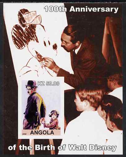 Angola 2002 Birth Centenary of Walt Disney #05 imperf s/sheet - Charlie Chaplin & Disney drawing Mickey Mouse unmounted mint