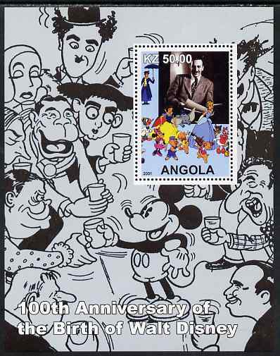 Angola 2001 Birth Centenary of Walt Disney #03 perf s/sheet - Disney & charactures incl Charlie Chaplin, unmounted mint