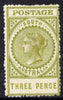 South Australia 1906-12 Thick Postage 3d deep olive 'A' wmk (words 20mm) ragged perfs mounted mint SG 298c