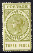 South Australia 1906-12 Thick Postage 3d deep olive 'A' wmk (words 20mm) ragged perfs mounted mint SG 298c