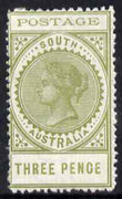 South Australia 1902-04 Thin Postage 3d olive with flaw on R of Three, very lightly mounted mint SG 268var