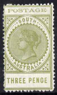 South Australia 1902-04 Thin Postage 3d olive with flaw on R of Three, very lightly mounted mint SG 268var