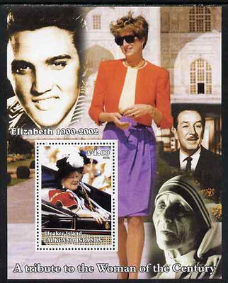 Bleaker Island (Falkland Islands) 2002 A Tribute to the Woman of the Century #2 Queen Mother perf souvenir sheet unmounted mint (Also shows Diana, Mother Teresa, Elvis & Walt Disney). Note this item is privately produced and is of……Details Below