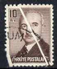 Turkey 1948 Pres Inonu 10k chocolate fine used single with diag white line due to pre-printing paper fold, also corner missing as a result, as SG 1382
