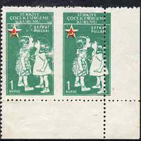 Turkey 1957 Postal Tax 1k Red Crescent corner pair with vert perfs misplaced, unused (no gum)