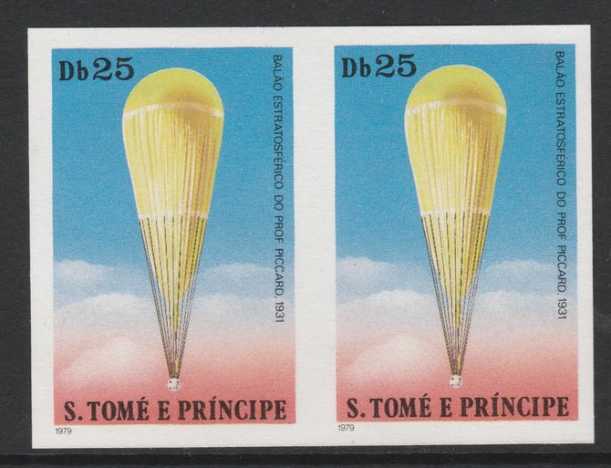 St Thomas & Prince Islands 1980 Balloons 25Db (Prof Piccard) imperforate pair on ungummed paper (ex archive proof sheet)