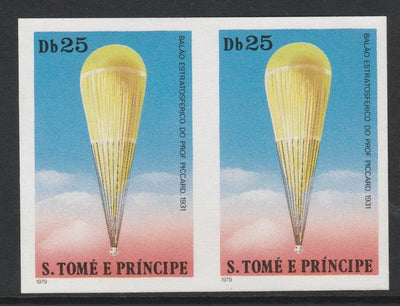 St Thomas & Prince Islands 1980 Balloons 25Db (Prof Piccard) imperforate pair on ungummed paper (ex archive proof sheet)