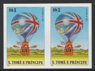 St Thomas & Prince Islands 1980 Balloons 1Db (Lunardi II) imperforate pair on ungummed paper (ex archive proof sheet)