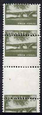 Turkey 1959-60 Euphrates Bridge 20k vert gutter strip of 3 with 6.5mm shift of horiz perfs unmounted mint, as SG 1857