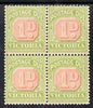 Victoria 1905-09 Postage Due 1d with Crown over A wmk inverted, block of 4, 2 stamps unmounted, as SG D34a