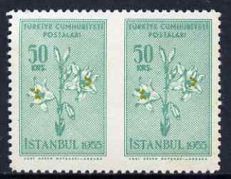 Turkey 1955 Flowers 50k horiz pair imperf between, unmounted mint