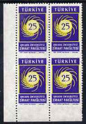 Turkey 1959 Agriculture corner block of 4 imperf between stamps & imperf between stamps & margin unmounted mint