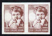 Turkey 1945 Postal Tax 10k horizontal imperf pair with red (star) omitted, unmounted mint but minor wrinkles
