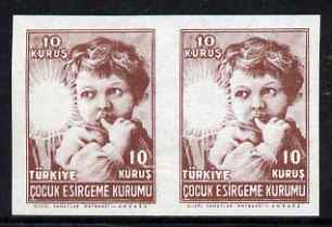 Turkey 1945 Postal Tax 10k horizontal imperf pair with red (star) omitted, unmounted mint but minor wrinkles