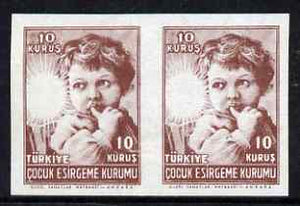Turkey 1945 Postal Tax 10k horizontal imperf pair with red (star) omitted, unmounted mint but minor wrinkles