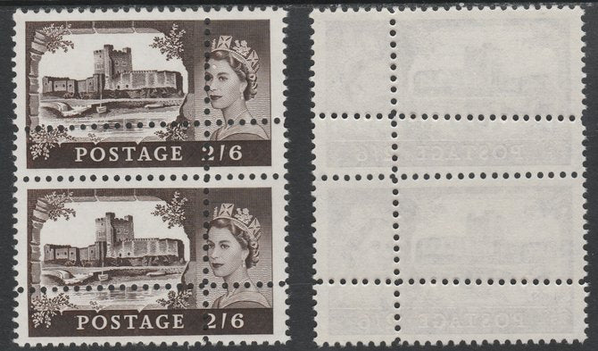 Great Britain 1963 Castles (Multiple Crown wmk) 2s6d vertical pair with perforations doubled (stamps are quartered) an attractive and interesting modern forgery, unmounted mint. Note: the stamps are genuine but the additional perf……Details Below