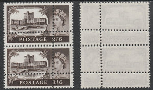 Great Britain 1963 Castles (Multiple Crown wmk) 2s6d vertical pair with perforations doubled (stamps are quartered) an attractive and interesting modern forgery, unmounted mint. Note: the stamps are genuine but the additional perf……Details Below