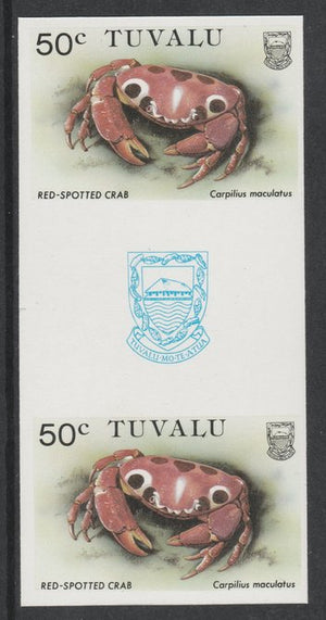 Tuvalu 1986 Crabs 50c (Red Spotted Crab) imperf gutter pair unmounted mint from uncut proof sheet, as SG 374. Note: The design withing the gutter varies across the sheet, therefore, the one you receive,may differ from that shown in the illustration.