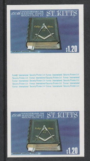 St Kitts 1985 Masonic Lodge $1.20 (Masonic Symbols) imperf gutter pair unmounted mint from uncut proof sheet, as SG 179. Note: The design withing the gutter varies across the sheet, therefore, the one you receive,may differ from t……Details Below