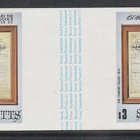 St Kitts 1985 Masonic Lodge $3 (Lodge Charter) imperf gutter pair unmounted mint from uncut proof sheet, as SG 180. Note: The design withing the gutter varies across the sheet, therefore, the one you receive,may differ from that s……Details Below