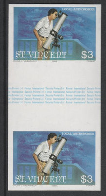 St Vincent 1986 Halley's Comet $3 (Amateur Astronomer with Telescope) imperf gutter pair unmounted mint from uncut proof sheet, as SG 976. Note: The design withing the gutter varies across the sheet, therefore, the one you receive……Details Below