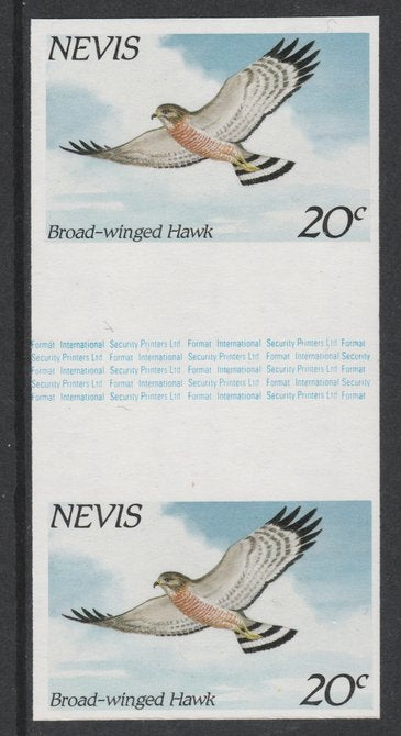 Nevis 1985 Hawks & Herons 20c (Broad Winged Hawk) imperf gutter pair unmounted mint from uncut proof sheet, as SG 265. Note: The design withing the gutter varies across the sheet, therefore, the one you receive,may differ from tha……Details Below