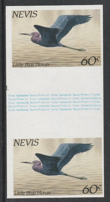 Nevis 1985 Hawks & Herons 60c (Little Blue Heron) imperf gutter pair unmounted mint from uncut proof sheet, as SG 267. Note: The design withing the gutter varies across the sheet, therefore, the one you receive,may differ from tha……Details Below