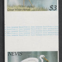 Nevis 1985 Hawks & Herons $3 (Great Blue Heron) imperf gutter pair unmounted mint from uncut proof sheet, as SG 268. Note: The design withing the gutter varies across the sheet, therefore, the one you receive,may differ from that ……Details Below