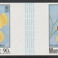 Montserrat 1985 Orchids 90c (Oncidium urophyllum) imperf gutter pair unmounted mint from uncut proof sheet, as SG 631. Note: The design withing the gutter varies across the sheet, therefore, the one you receive,may differ from tha……Details Below