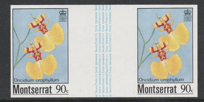 Montserrat 1985 Orchids 90c (Oncidium urophyllum) imperf gutter pair unmounted mint from uncut proof sheet, as SG 631. Note: The design withing the gutter varies across the sheet, therefore, the one you receive,may differ from tha……Details Below