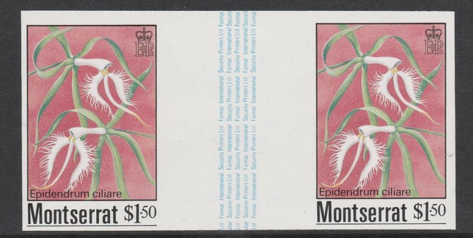 Montserrat 1985 Orchids $1.50 (Eppidendrum ciliare) imperf gutter pair unmounted mint from uncut proof sheet, as SG 633. Note: The design withing the gutter varies across the sheet, therefore, the one you receive,may differ from t……Details Below