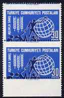 Turkey 1963 Freedom From Hunger 30k vert marginal pair with horiz perfs misplaced, unmounted mint
