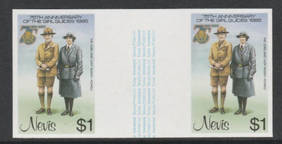 Nevis 1985 Girl Guides - Lord & Lady Baden-Powell $1 imperf gutter pair (from uncut archive sheet) unmounted mint as SG 295. Note: The design within the gutter varies across the sheet, therefore, the one you receive,may differ fro……Details Below