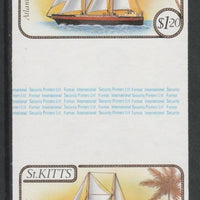 St Kitts 1985 Ships $1.20 (Atlantic Clipper Schooner) imperf gutter pair (from uncut archive sheet) (SG 174var) unmounted mint. Note: The design withing the gutter varies across the sheet, therefore, the one you receive,may differ……Details Below