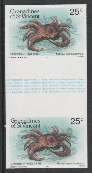 St Vincent - Grenadines 1985 Shell Fish 25c (King Crab) imperf gutter pair (from uncut archive sheet) unmounted mint, SG 360var. Note: The design withing the gutter varies across the sheet, therefore, the one you receive,may diffe……Details Below