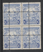 Barbados 1938-47 Badge of Colony 2.5d ultramarine block of 4 with double perfs (stamps are quartered),SG 251/a. Note: the stamps are genuine but the additional perfs are a slightly different gauge identifying it to be a forgery.