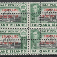 Falkland Islands Dependencies - Graham Land 1944 KG6 1/2d black & green block of 4 with double perfs (stamps are quartered). Note: the stamps are genuine but the additional perfs are a slightly different gauge identifying it to be……Details Below