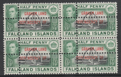 Falkland Islands Dependencies - Graham Land 1944 KG6 1/2d black & green block of 4 with double perfs (stamps are quartered). Note: the stamps are genuine but the additional perfs are a slightly different gauge identifying it to be……Details Below