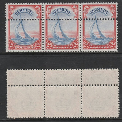 Bermuda 1938-52 KG6 Yacht 2d ultramarine & scarlet (SG 112a) unmounted mint strip of 3 with additional row of horiz perfs. Note: the stamps are genuine but the additional perfs are a slightly different gauge identifying it to be a forgery.