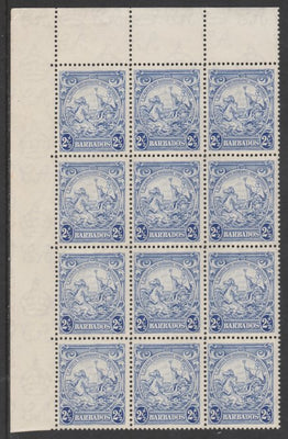 Barbados 1938-47 Badge of Colony 2.5d ultramarine NW corner block of 12 with variety 'mark on ornament' in 3 positions, SG 251/a cat £165