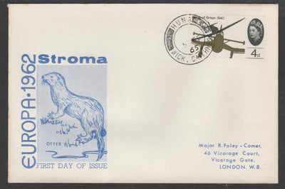 Stroma 1962 Europa cover to London bearing BoB 4d stamp cancelled Huna cds being the correct rate for UK delivery. Note: I have several of these covers so the one you receive may be slightly different to the one illustrated.