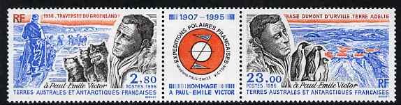 French Southern & Antarctic Territories 1996 Paul-Emile Victor commemoration se-tenant strip with label between, unmounted mint, SG 351-52