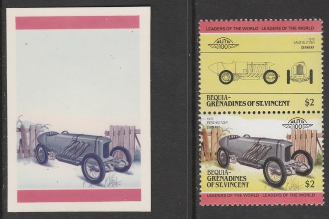 St Vincent - Bequia 1985 Cars #3 Benz-Blitzen $2 - Cromalin se-tenant die proof pair in red and blue only (missing Country name, inscription & value) ex Format International archives complete with issued stamp