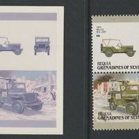 St Vincent - Bequia 1987 Cars #7 1942 Willys Jeep 60c - Cromalin se-tenant die proof pair in red and blue only (missing Country name, inscription & value) ex Format International archives complete with issued stamp