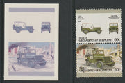 St Vincent - Bequia 1987 Cars #7 1942 Willys Jeep 60c - Cromalin se-tenant die proof pair in red and blue only (missing Country name, inscription & value) ex Format International archives complete with issued stamp