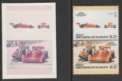 St Vincent - Bequia 1987 Cars #7 Coyote Ford $1.25 - Cromalin se-tenant die proof pair in red and blue only (missing Country name, inscription & value) ex Format International archives complete with issued stamp