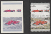St Vincent - Bequia 1987 Cars #7 1936 Mercedes Benz 80c - Cromalin se-tenant die proof pair in red and blue only (missing Country name, inscription & value) ex Format International archives complete with issued stamp