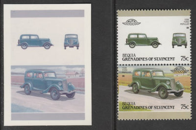St Vincent - Bequia 1987 Cars #7 1936 Ford Popular 75c - Cromalin se-tenant die proof pair in red and blue only (missing Country name, inscription & value) ex Format International archives complete with issued stamp