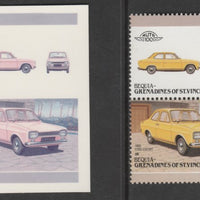 St Vincent - Bequia 1986 Cars #6 1968 Ford Escort 20c - Cromalin se-tenant die proof pair in red and blue only (missing Country name, inscription & value) ex Format International archives complete with issued stamp